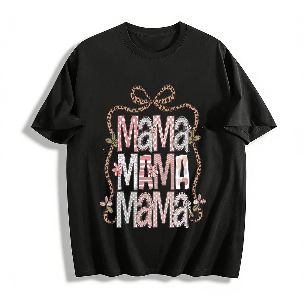Leopard Print Floral MAMA Graphic Casual Crew Neck Short Sleeve Tee Pure cotton T-shirt XXS