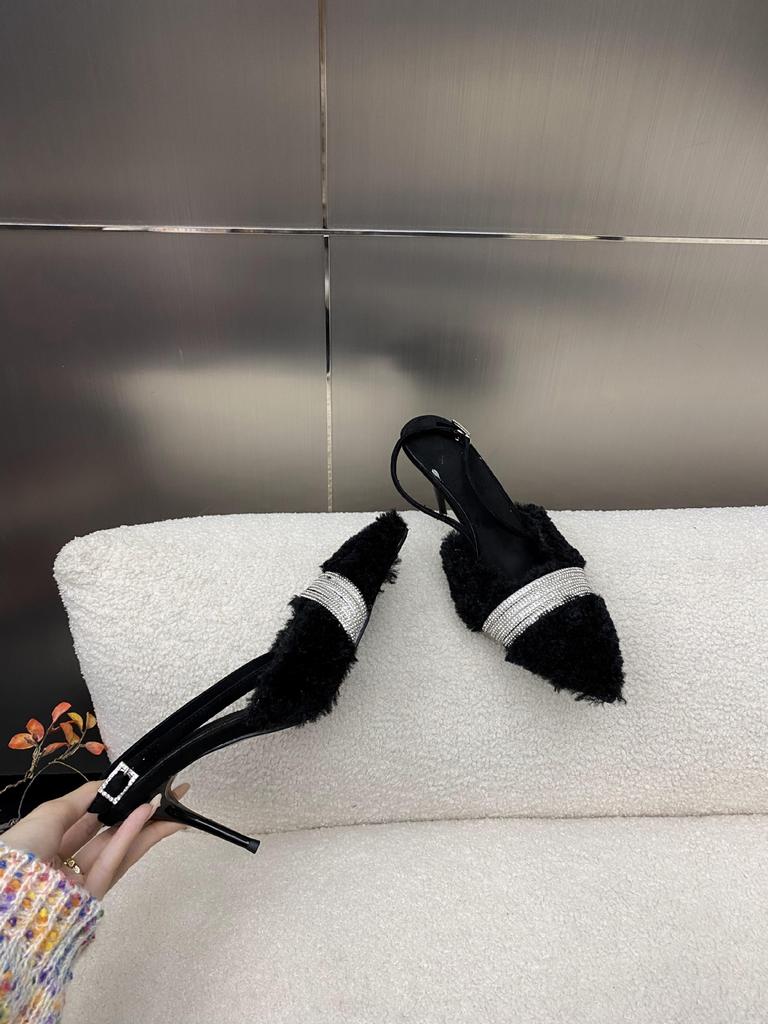 2025 Autumn and Winter New Pointed Head Thin Heel European and American Fashion Bag Head High Heel Mao Mao Shoes Empty Rhinestone Back Strap Sandals