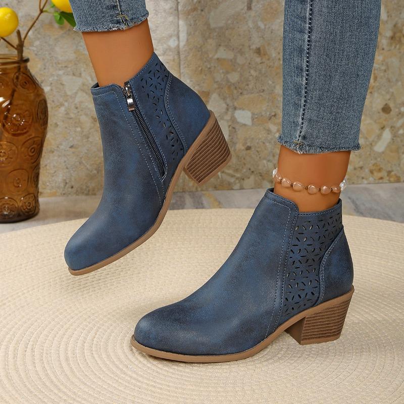 Women's Vintage Slip-On Chunky Low Block Heel Ankle Boots - Almond Toe Round-toe Winter Boots with PVC Upper & Lining, Beige/Caramel Brown/ Blue/Dark
