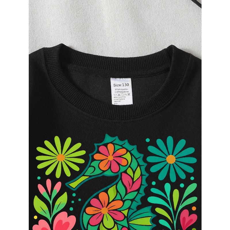 Kids Crewneck Sweatshirt, Colorful Floral Seahorse Creative Print,Daily Casual Top for Spring & Autumn