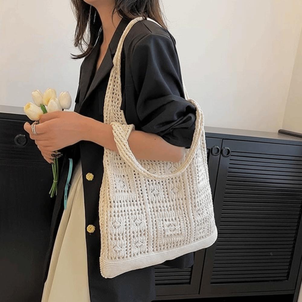 Woven Crochet Mesh Bag Solid Color Shopping Handbag Simple Knitting Shoulder Bag Summer