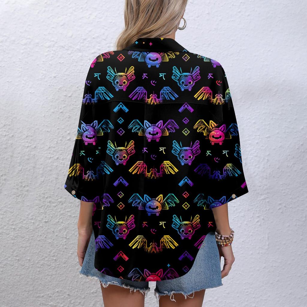 Women's Casual Printing Button-down Shirt Three-quarter Sleeve Dress Shirt Lapel Work Shirt With Pockets