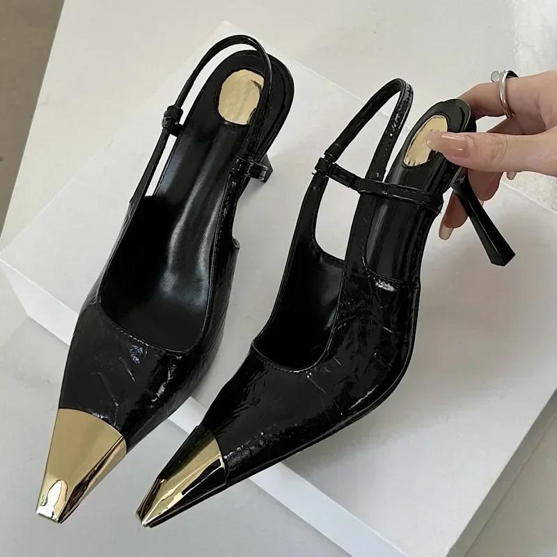 Fashion High Quality Luxury Designer Splicing Metal Pointed Toe Women Pumps Elegant High Heels Stripper Banquet Shoes Slingback Sandals