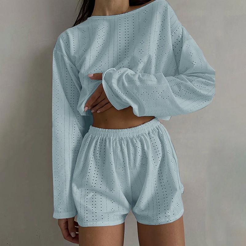 

ZANZEA Двухсекционный женский топ с длинным рукавом и шортами, спортивные комплекты 5XL синий