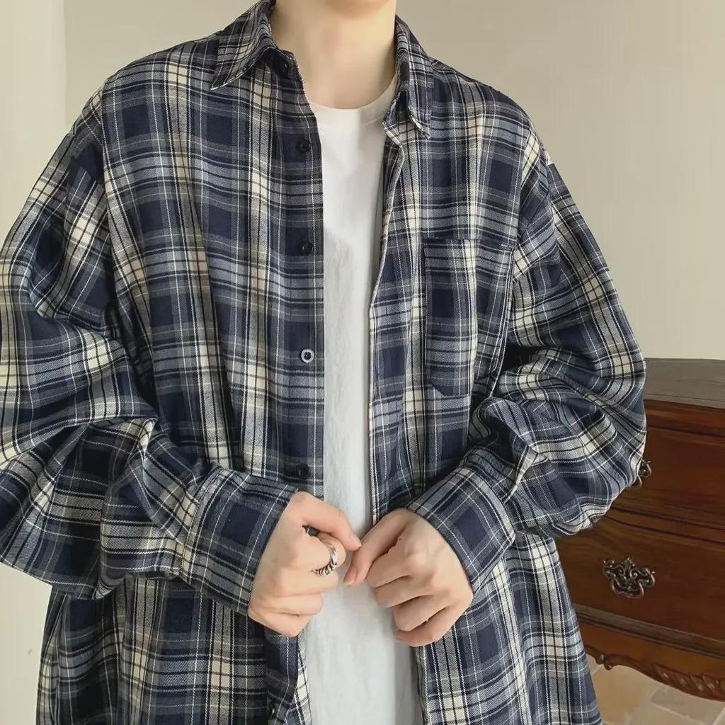 Men's Japanese Retro Plaid Long Sleeve Shirt - Casual Loose Fit for Spring and Autumn