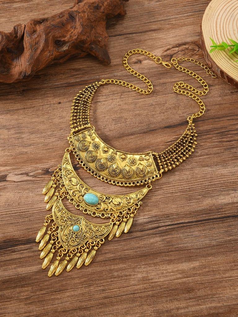 Bohemian Layered Zinc Alloy Leaf Pendant Necklace With Tassels For Vintage Style Jewelry