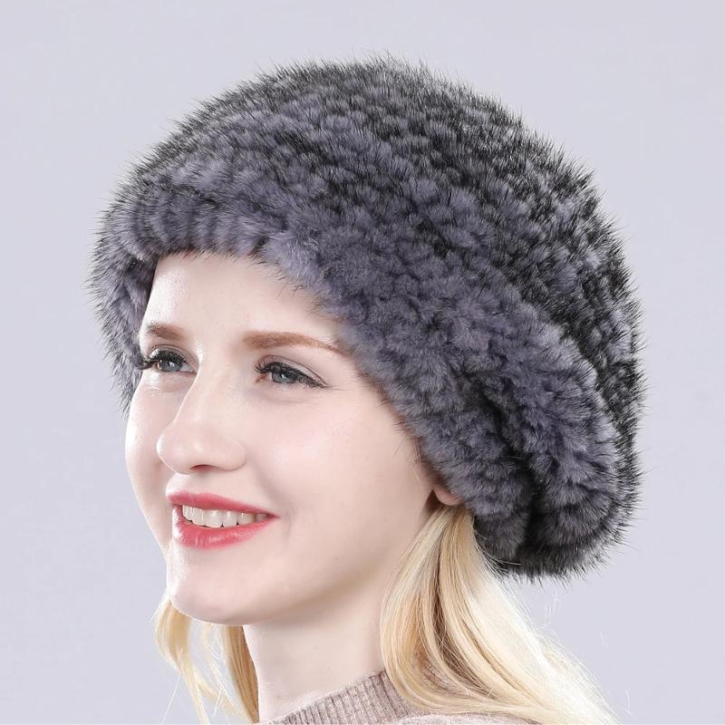 New Winter Lady Natural Mink Fur Beanies Hat Knit Warm Striped Genuine Mink Fur Caps Women Good Elastic Real Mink Fur Hat