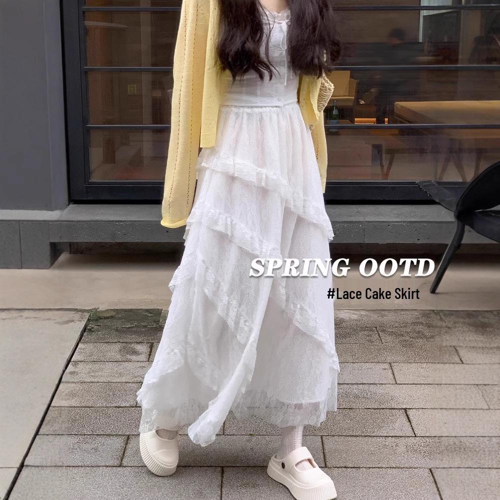 

Women s Summer White Mesh Lace High-Waist A-Line Puffy Skirt M