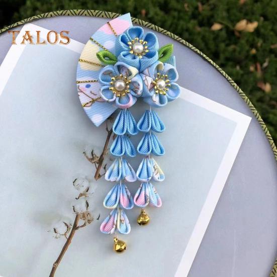 Fan Style Hairpin with Flowers Bells Faux Pearls Decor Japanese Kimono Ancient Style Hair Clip Hair Accessories