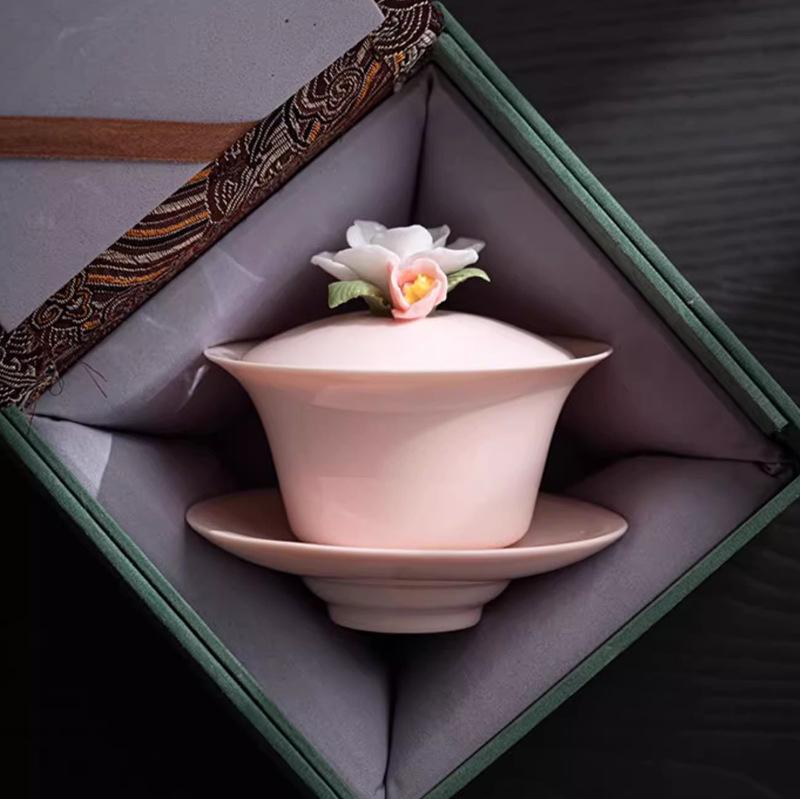 Pink Floral Gaiwan Hover Ceramic Bowl Chinese Kung Fu Gongfu Tea Set Household Teacup Retro Saucer Tea Tureen Teaware Drinkware
