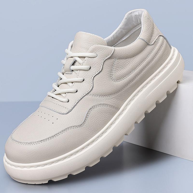 New Men Genuine Leather Casual Shoes Thick-soled Flat Platform Shoes Lace-up Chunky Sneaker