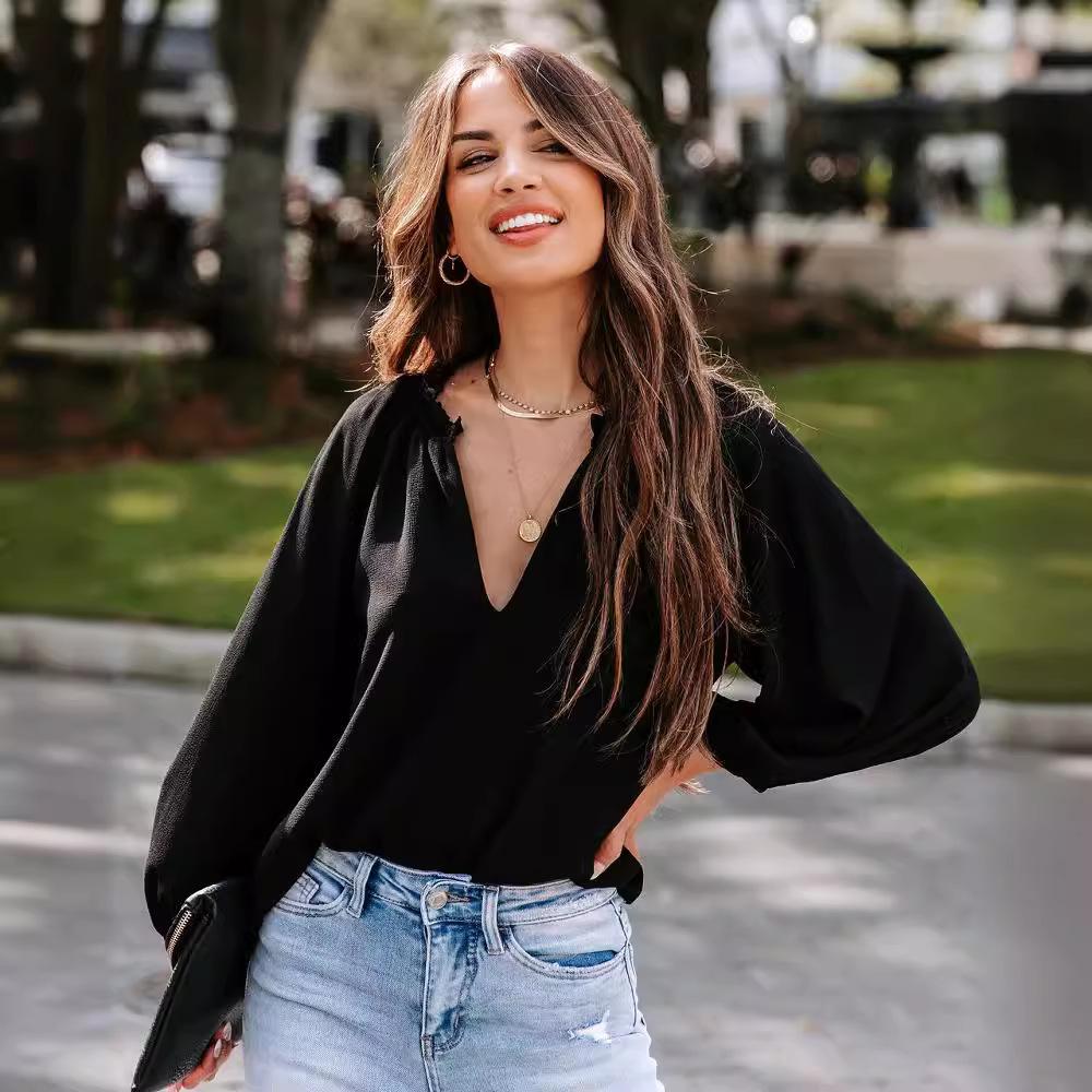 Spring and Autumn Women's Cool Long Sleeve Shirt Solid Color Casual V-Neck Loose Top