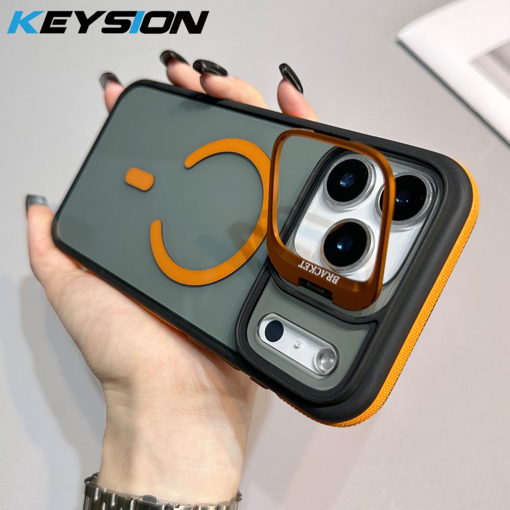 

KEYSION Transparent Magnetic Lens Stand Case for MagSafe for iPhone 17 Pro Max Air TPU+PC Color Blocking Shockproof Phone Cover for iPhone 17 оранжевый