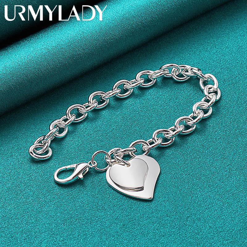 925 Sterling Silver Double Heart Pendant Bracelet For Women Wedding Engagement Fashion Jewelry