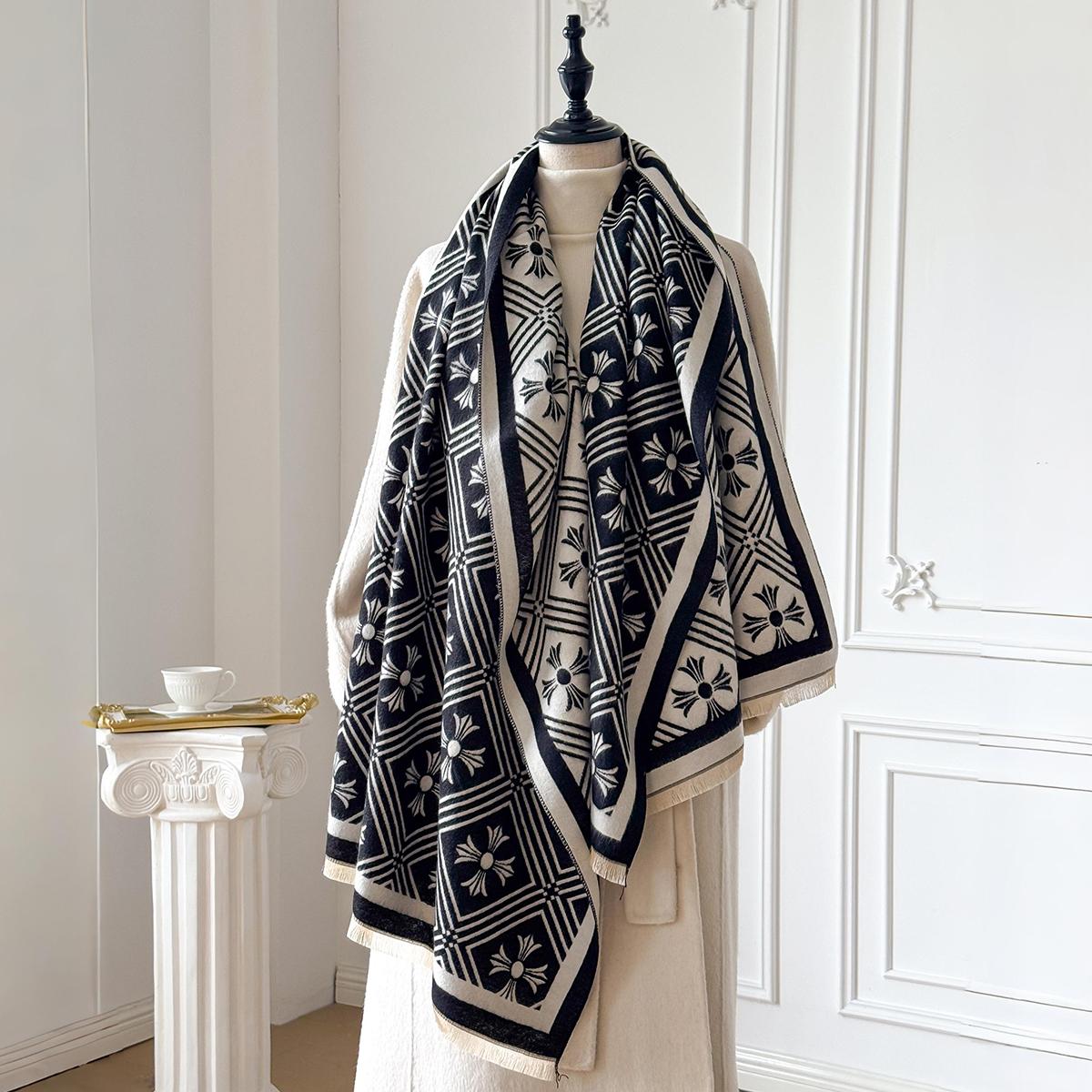 

Женский роскошный зимний полосатый узор Искусственный кашемир Теплый шарф-палантин - Пашмина шаль и дорожное пончо-одеяло