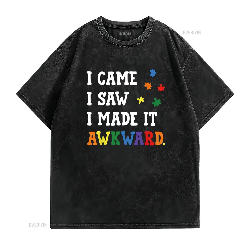 Mens I Came Saw Made It Awkward Autism Awareness Puzzle T Shirt Black 4X Large Vintage Washed Graphic Homme Fashion Soft