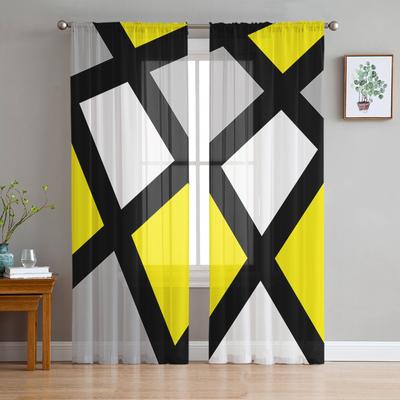 Yellow Black Grey Geometric Square Sheer Curtains for Living Room Decoration Window Curtains Kitchen Tulle Voile Curtains