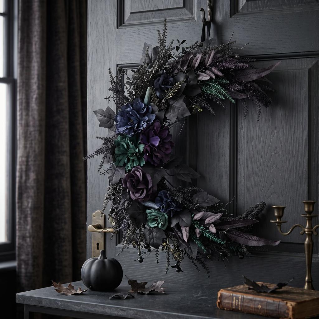 Artificial Flower Wreath for Halloween Front Door Decor, Fall Porch Decoration