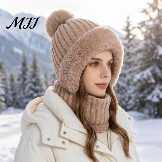 Elastic Warm Hat for Running Windproof Balaclava, Knitted Ski Mask Hat, Fleece Lined Knit with Winter Balaclava Men And Women Pompom, Cozy Neck Warmer