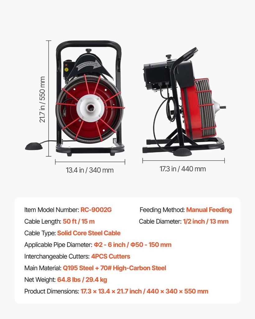 Drain Cleaner Machine 15m x 13mm, Sewer Snake Auger Manual Feed with 4 Cutters & Air-activated Foot Switch for 50mm to 150mm Pipes