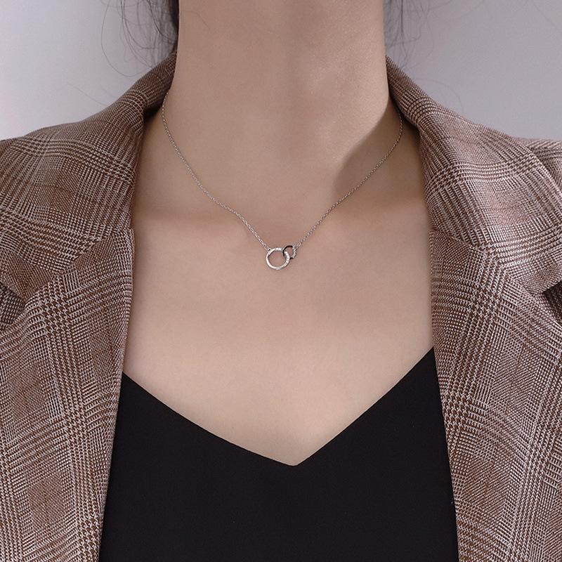 Minimalism 925 Sterling Silver Round Double Circle Zirconia Necklaces & Pendants for Women Party Gift Choker Lovers Jewelry