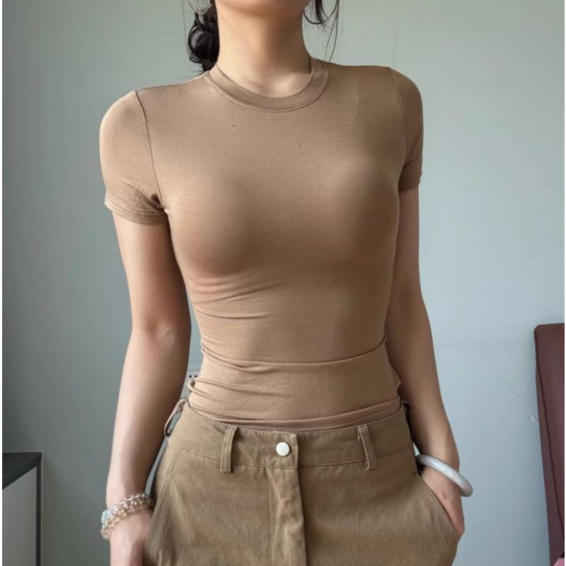 Amoi Women's Solid Color Kardashian Crew Neck Slim-Fit Short Bottom Shirt Basic Short Sleeve Shirt