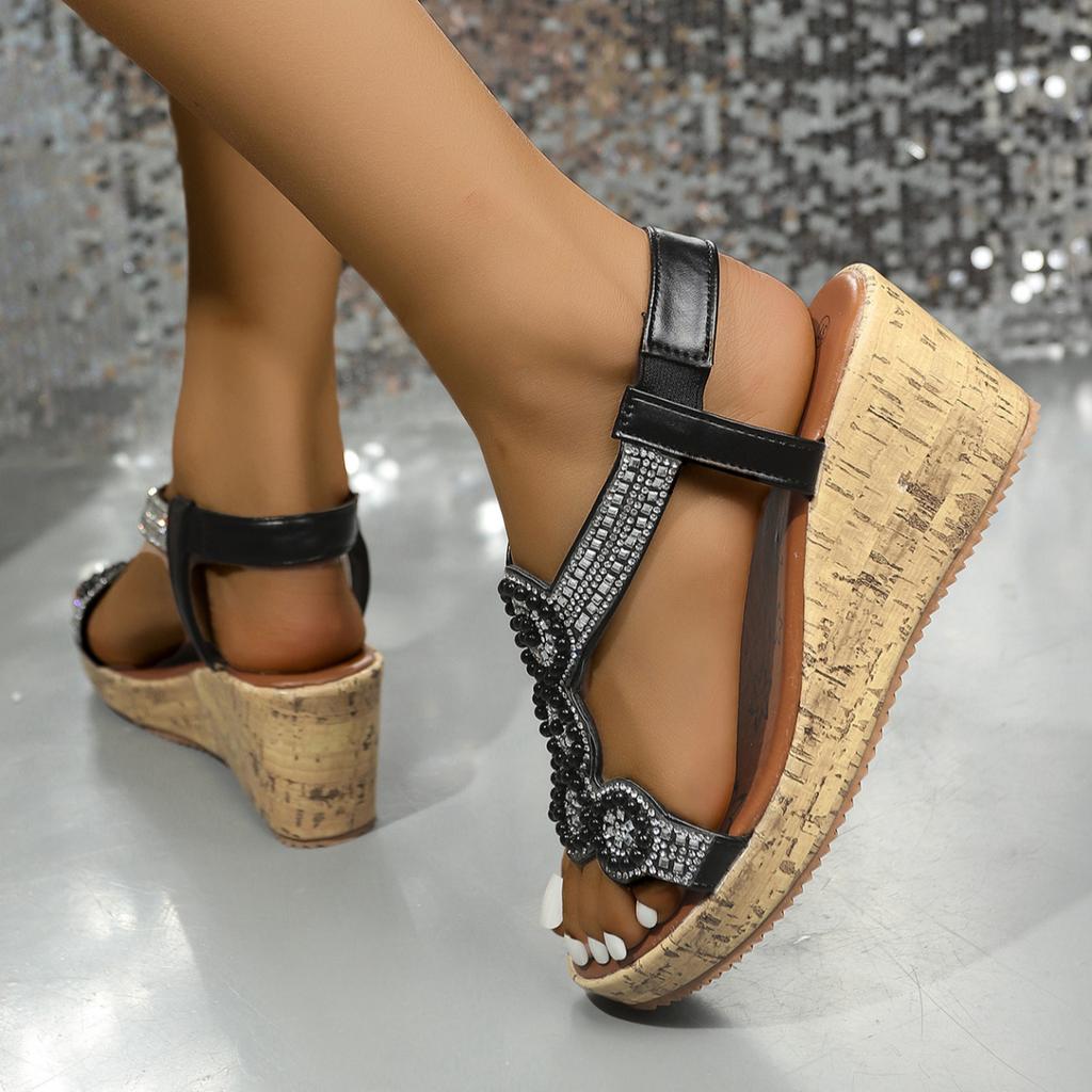 Pearls Crystal Summer Wedge Sandals  Fashion Slip on Platform Bohemian Beaded Shoes Woman Heels Plus Size 43