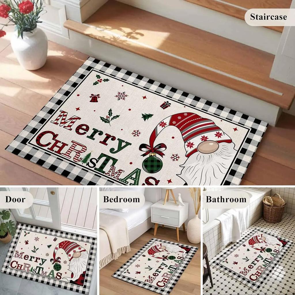 Merry Christmas Indoor Door Mat Gnome Xmas Tree Snowflake Red Black Plaid Front Door Mat Non Slip Washable Entryway Rug