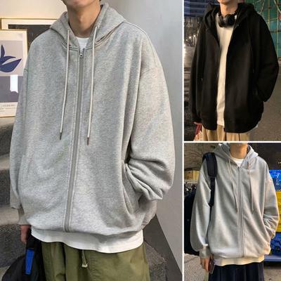 Men Hooded Jacket Zip-up Loose Sweatshirt Jacket Solid Color Casual Spring Autumn