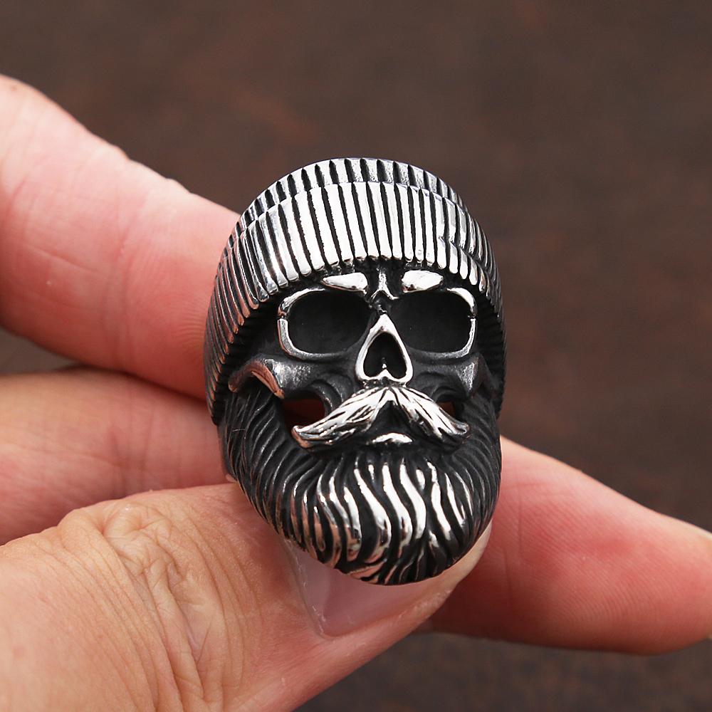 Vintage Hat Big Beard Skull Ring for Men Gothic Stainless Steel Skull Rings Punk Hip Hop Biker Amulet Jewelry Gift