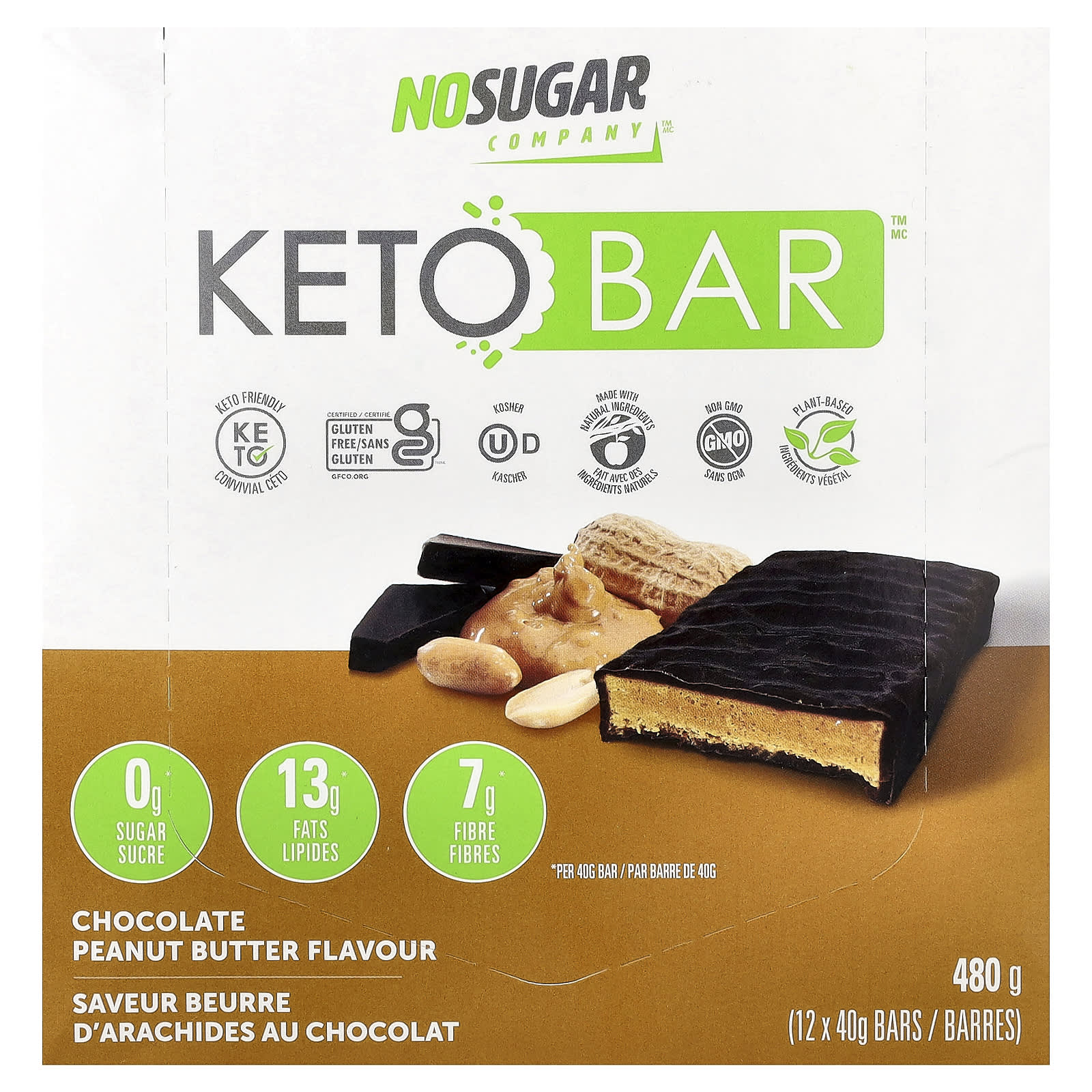 No Sugar Company Unisex Keto Bar™, Chocolate Peanut Butter, 12 Bars, 40G Each