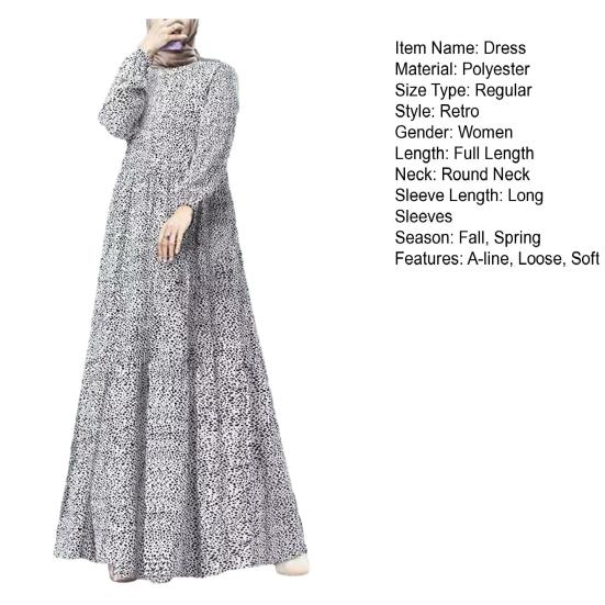 Women Maxi Dress O Neck Long Sleeve Loose A-line Big Hem Dot Print Vintage Soft Patchwork Dubai Turkey Abaya Long Robe Dress