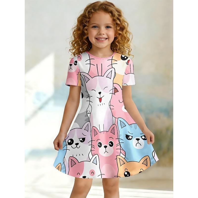 Cute Cartoon Cat Print Dress for Girls Childrens Casual Short Sleeved A-line Swing Dress Suitable for Birthday Gifts and Parties