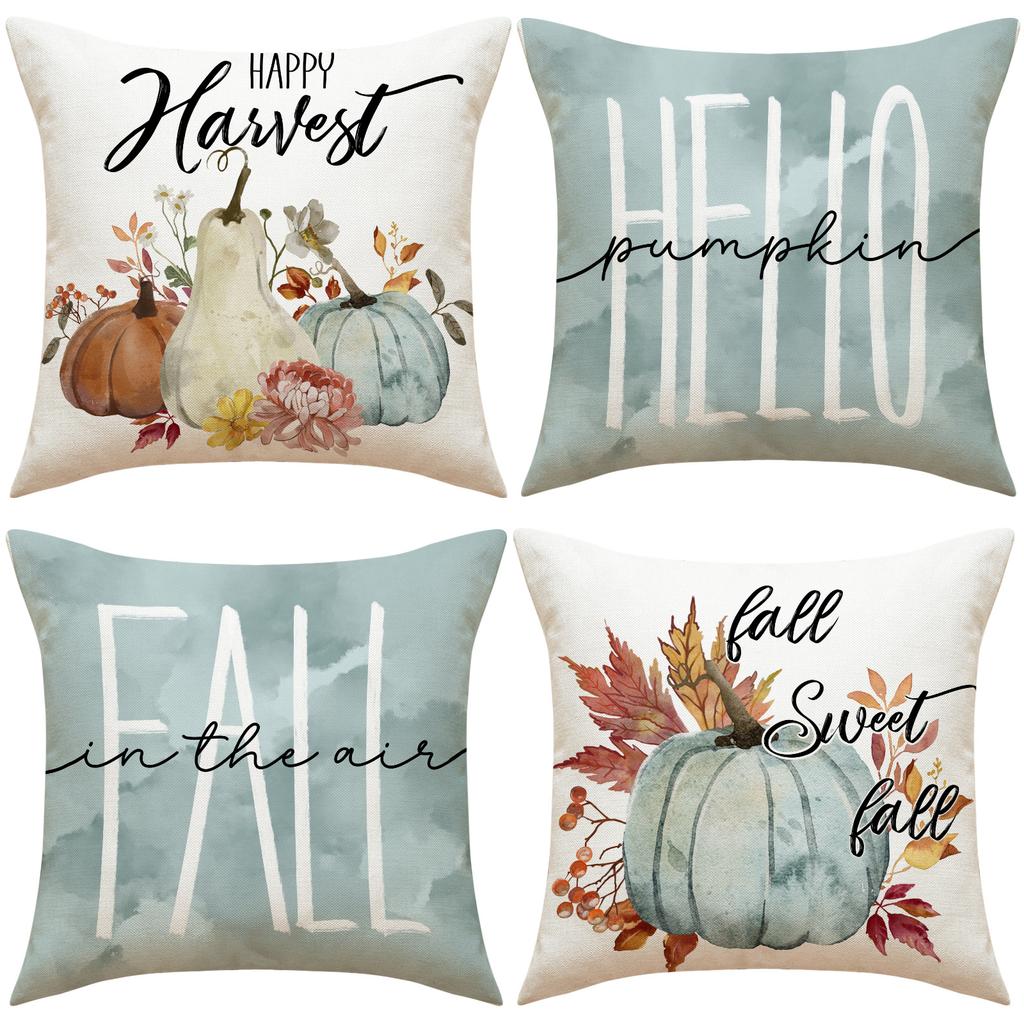 Thanksgiving Pillow Covers,Pumpkin & Autumn Leaf Design, Soft Flannel Sofa Cushion Covers for Home Decor,45x45cm, No Pillow Insert