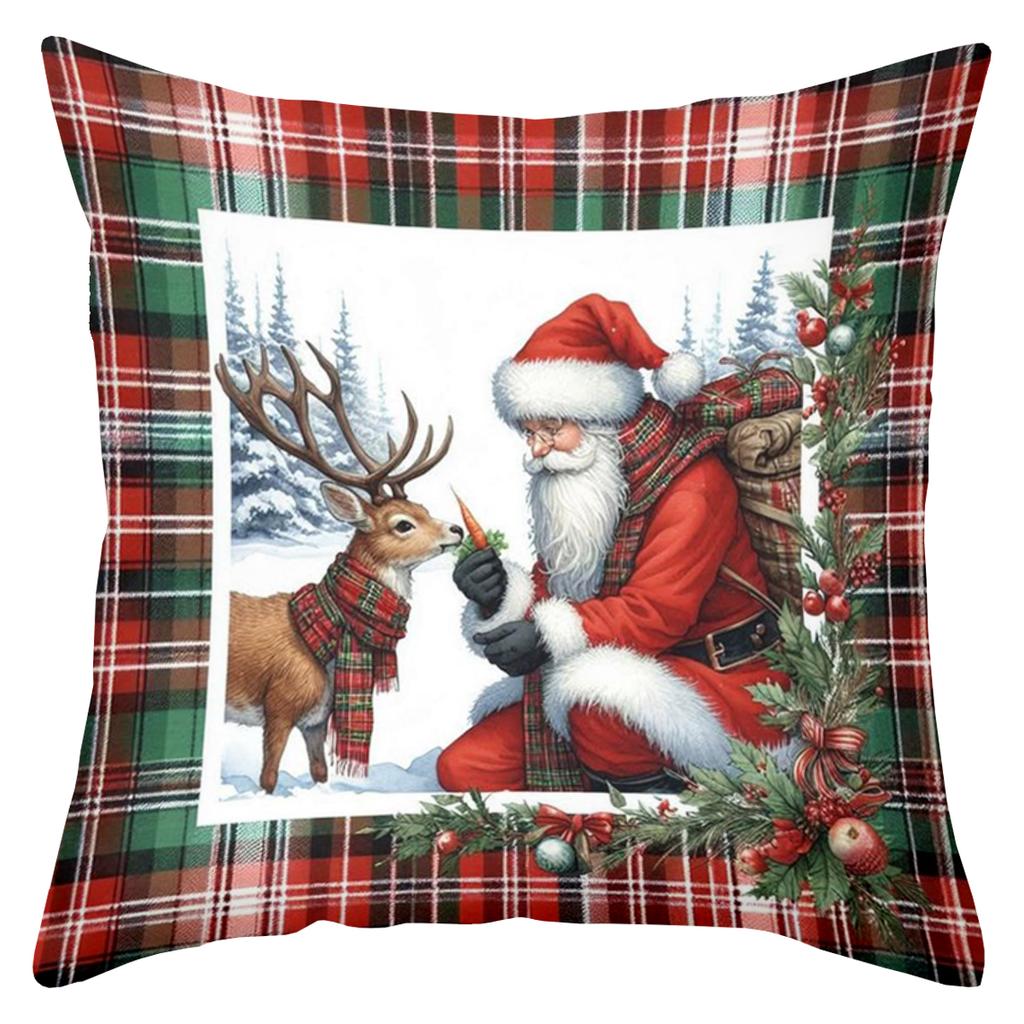 2D Flat Printing Christmas Plaid Pattern Pillows Santa Snowman Decor Polyester Pillowcase Sofa Decorative Cushion Cover