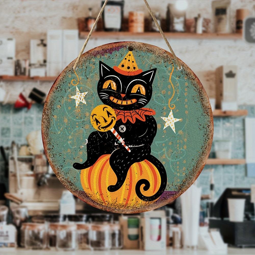 Vintage Halloween Cat & Pumpkin Wooden Sign  | Perfect for Home, Indoor/Outdoor Decor | Versatile Hanging Wall Art