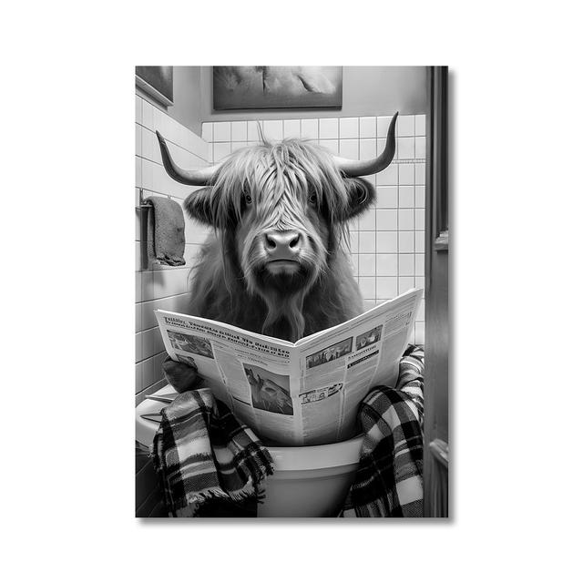 Funny Highland Cow On Toilet Wall Art Poster Prints Rustic Farmhouse Style Canvas Painting Picture for Bathroom Room Home Decor