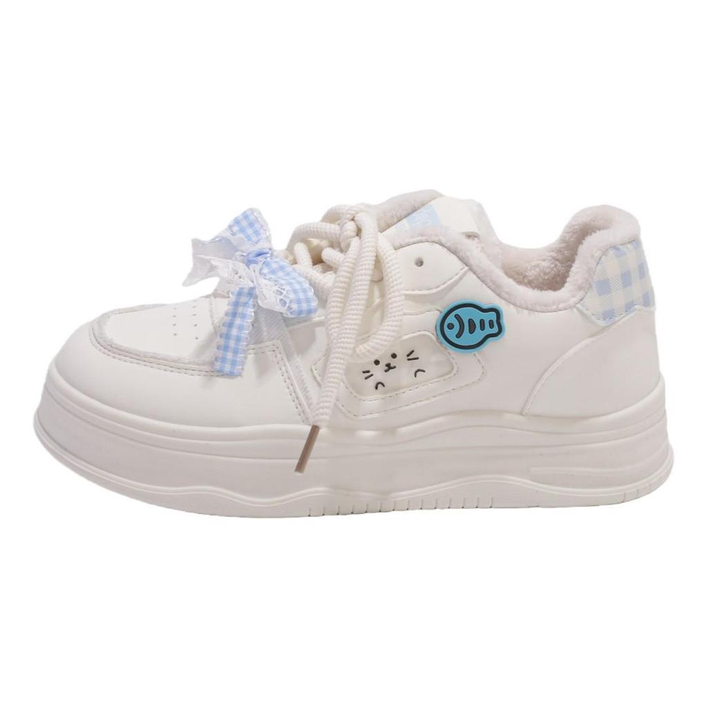 Versatile Children's Winter Plus Velvet Cat-Design Casual Warm Sneakers - White, Women's Sports Flat Shoes