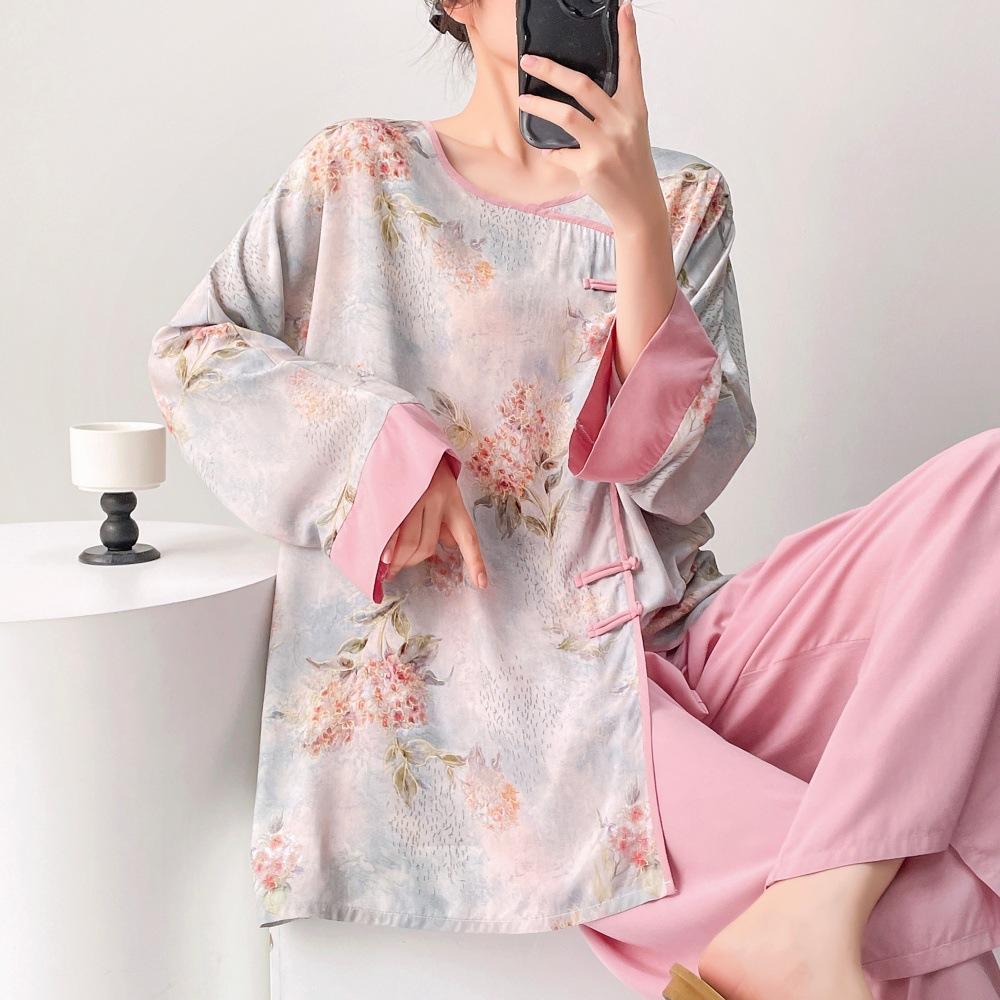 Spring/Summer new cotton silk new Chinese floral print pajamas, women's frog button loungewear, cotton silk set, vintage national style