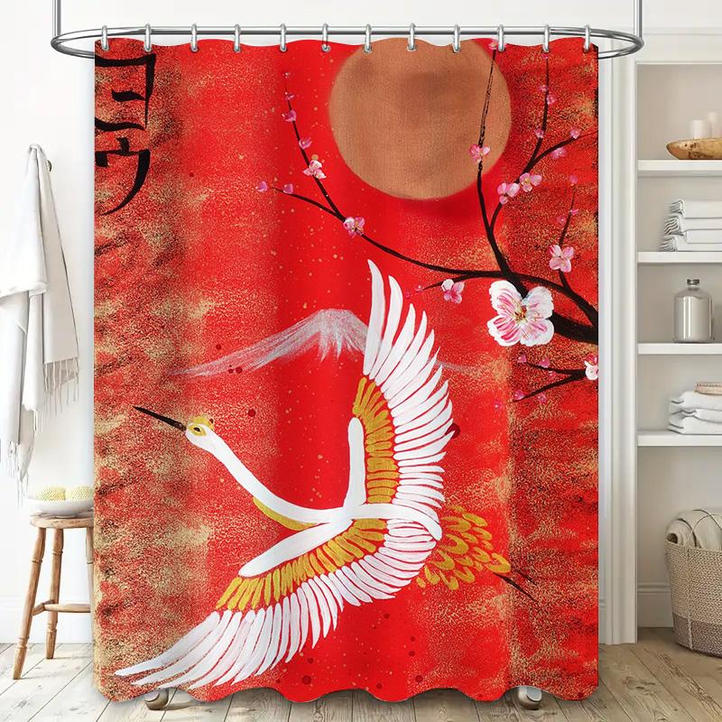 Unique Modern Red Shower Curtain with White Crane Design Perfect for Bathroom Decor