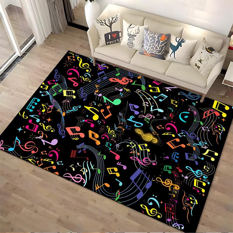 Colorful Musical Notes Pattern Carpet, Black Background Home Decor Suitable for use as an anti-slip for living room bedroom sofas