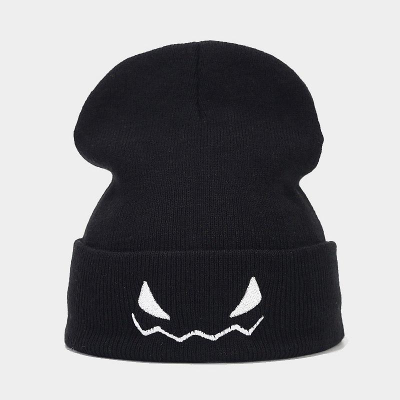 European and American new Halloween pumpkin little devil expression embroidery knitted hat men's and women's autumn and winter warm wool hat