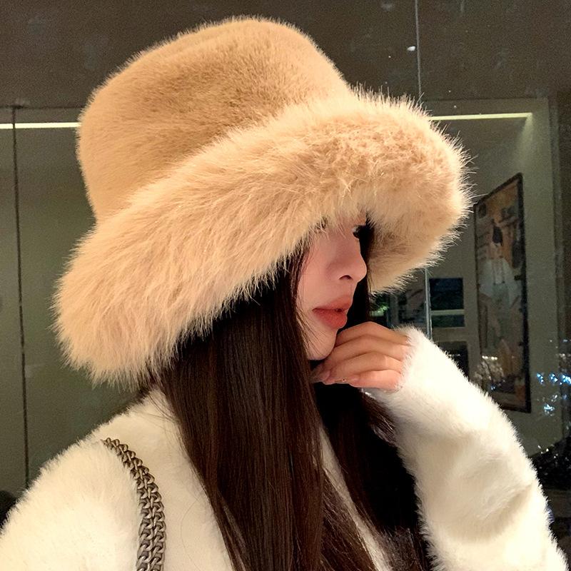 Plush hat female autumn and winter show small face warm ear protection plain face fluffy thickened versatile bucket hat