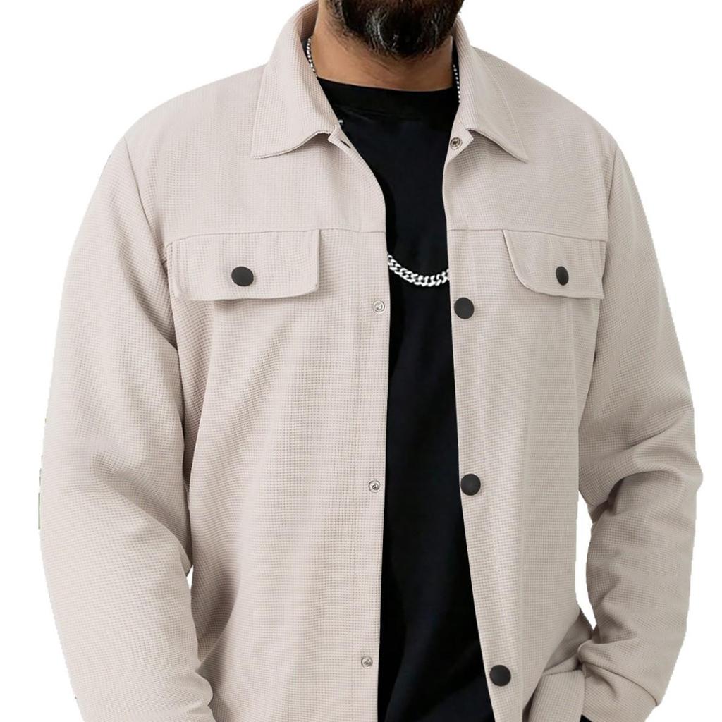 Men's Autumn Waffle Texture Solid Color Long Sleeve Jacket with Pocket