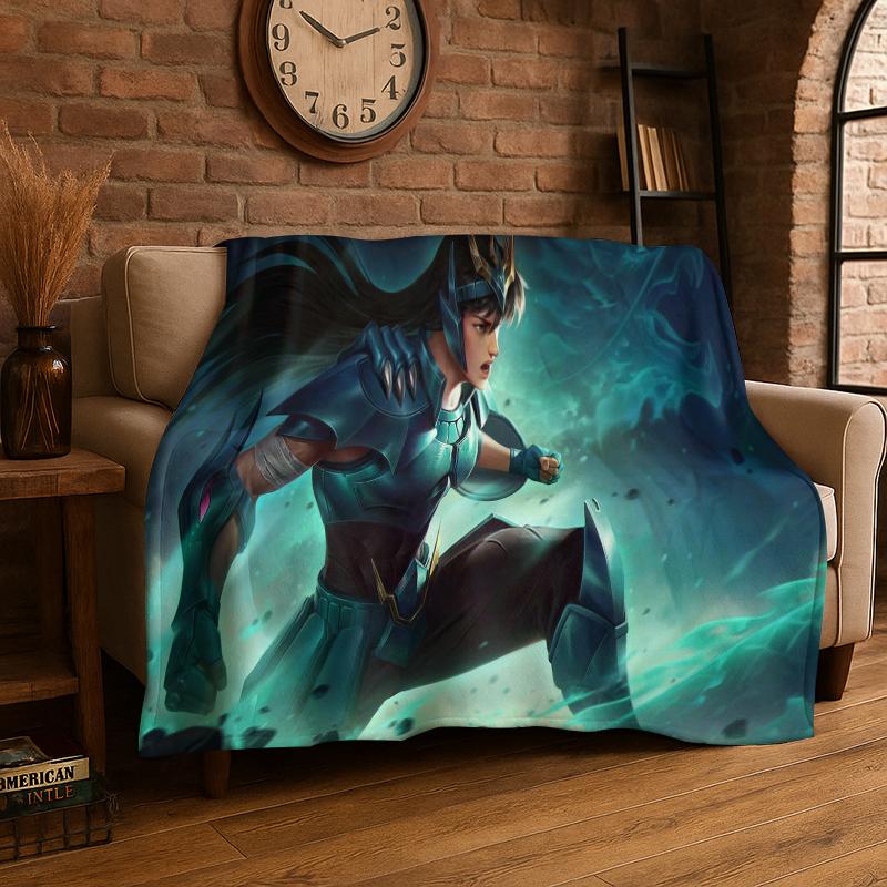 Retro Saint Seiya Anime Cartoon Flannel Blanket Soft Warm Throw Blanket for Bedroom Living Room Bed Travel Camping Picnic Gift