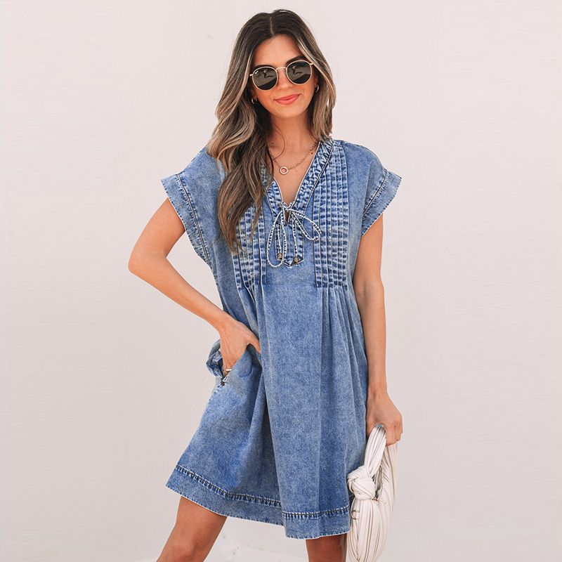 

Summer New Pink Lace-up V-neck Short sleeve Dress Women 2025 American Simple Casual Three-Quarter Sleeve Knee-Length Skirt Light blue P804 XL code fits (70.00 kg-75.00 kg