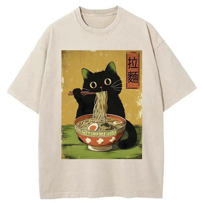 

Vintage Japanese Cat Printed Funny Washed T-Shirt Holiday Summer 100% Cotton Tops Casual Loose Fittness Chic Tunics S
