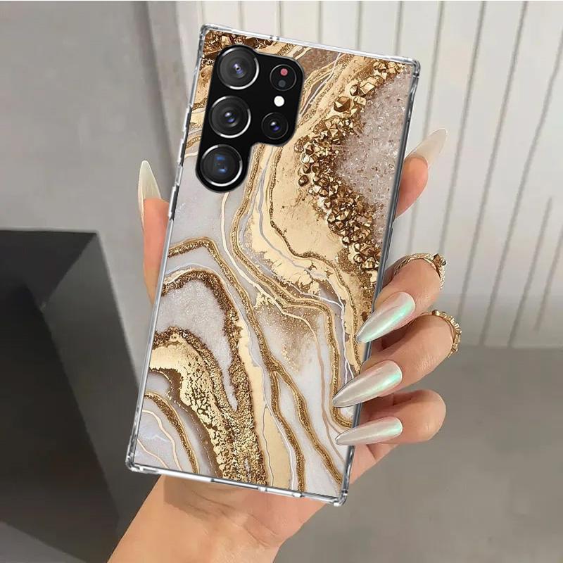 Fashion Gold Pink Geometric Marble Phone Case for Samsung Galaxy S26 S24 S23 Ultra S25 Edge S22 S21 Plus S20 FE + Soft Print She