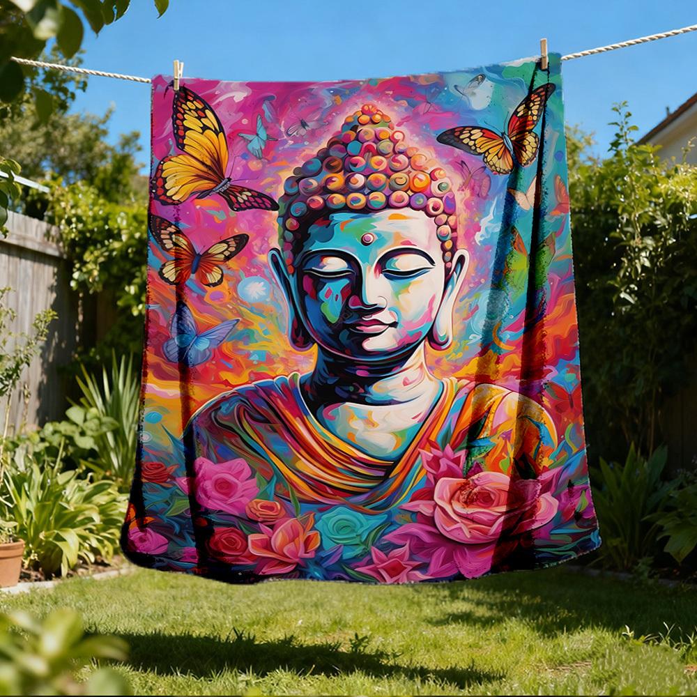 1pc Buddha Art, Butterfly Throw Blanket Polyester Fiber, Lightweight Flannel, Soft & Warm, All Season Use for Outdoor, Camping Digital Print