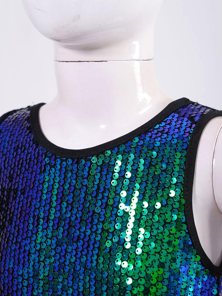 Kids Girls Sparkling Sequins Dance Clothes Set Sleeveless Criss Cross Straps Crop Top with Shorts